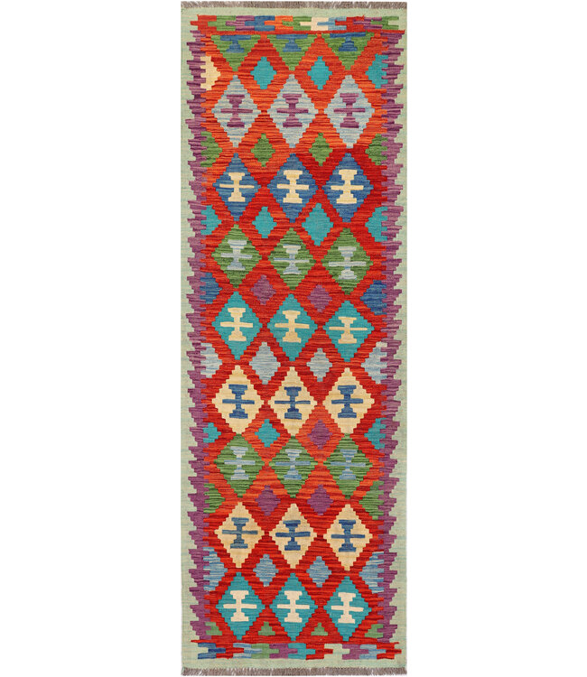 Bold Geometric Kilim Runner – Handwoven Wool Rug – 245x82 cm
