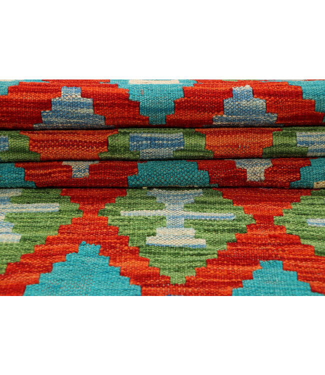 Gedurfde Geometrische Kilim Loper – Handgeweven Wol – 245x82 cm