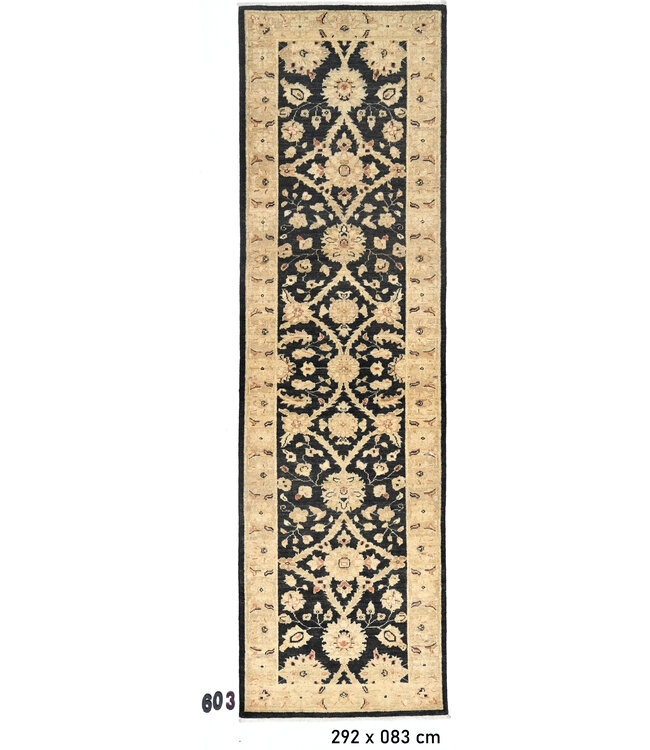 Schwarz-Beige Ziegler 292x083 cm – Handgeknüpfter Woll-Läufer