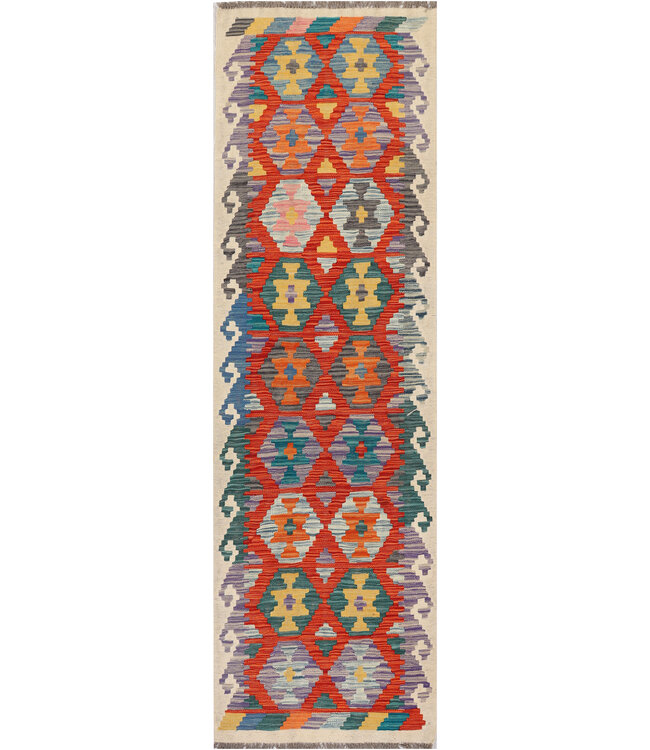 Vibrant Tribal Kilim Runner – Handwoven Wool Rug – 241x72 cm