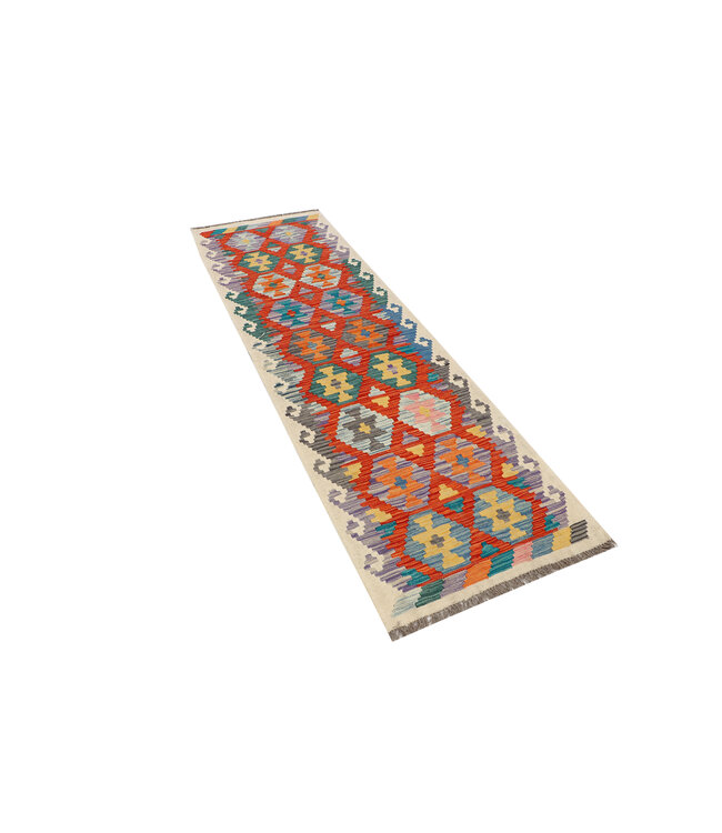 Levendige Tribale Kilim Loper – Handgeweven Wol – 241x72 cm