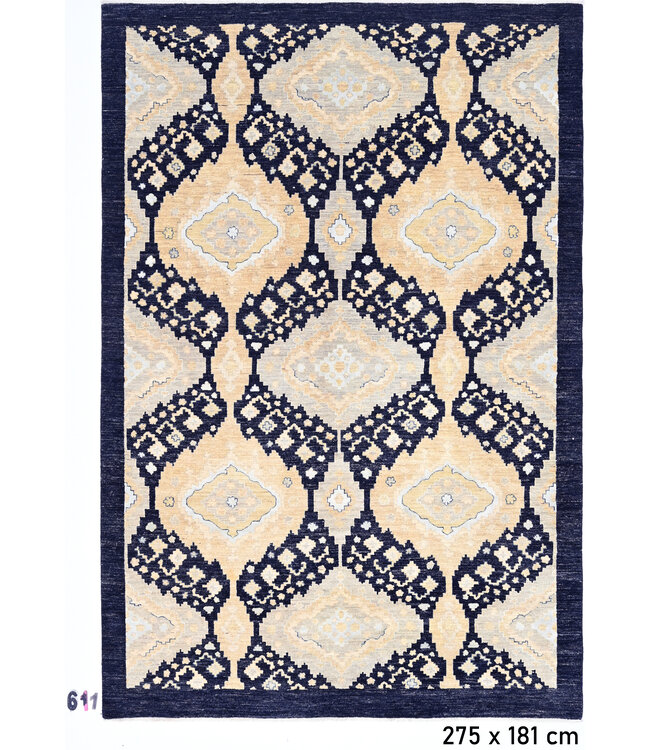 Beige & Dunkelblauer Moderner Teppich – 275 x 181 cm – Handgeknüpft aus Wolle