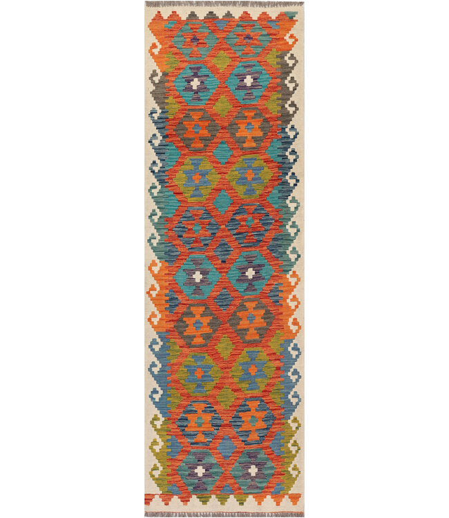 Handwoven Afghan Kilim Rug – 247x85 cm – Tribal Geometric Design – Multicolor Wool Runner