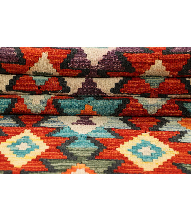 Handgeweven Afghaanse Kilim Loper – 245x77 cm – Kleurrijk Wol Vloerkleed – Geometrisch Design