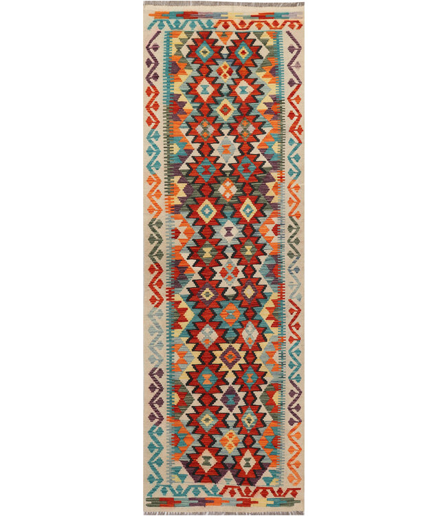 Handgeweven Afghaanse Kilim Loper – 245x77 cm – Kleurrijk Wol Vloerkleed – Geometrisch Design