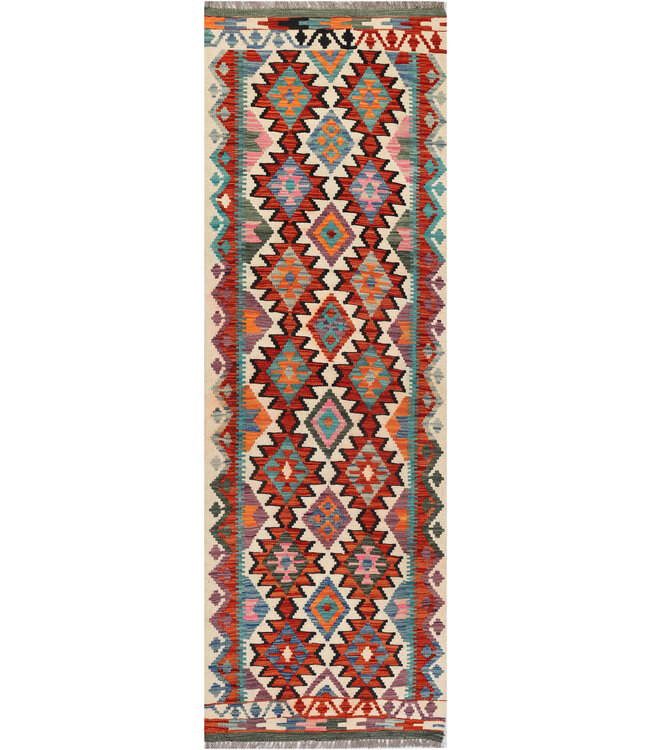 Handgeweven Afghaanse Kilim Loper – 240x78 cm – Tribaal Geometrisch Design – Kleurrijk Wolkleed