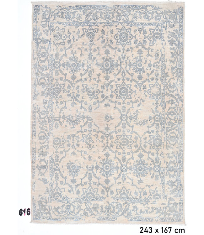 Vintage Handgeknüpfter Teppich - Ziegler Muster - 247 x 168 cm - Beige, Blau und Rot