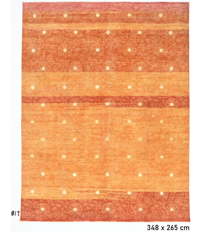 Modern Hand Knotted Rug - Gabbeh Pattern - 348 x 265 cm - Orange with White Dots