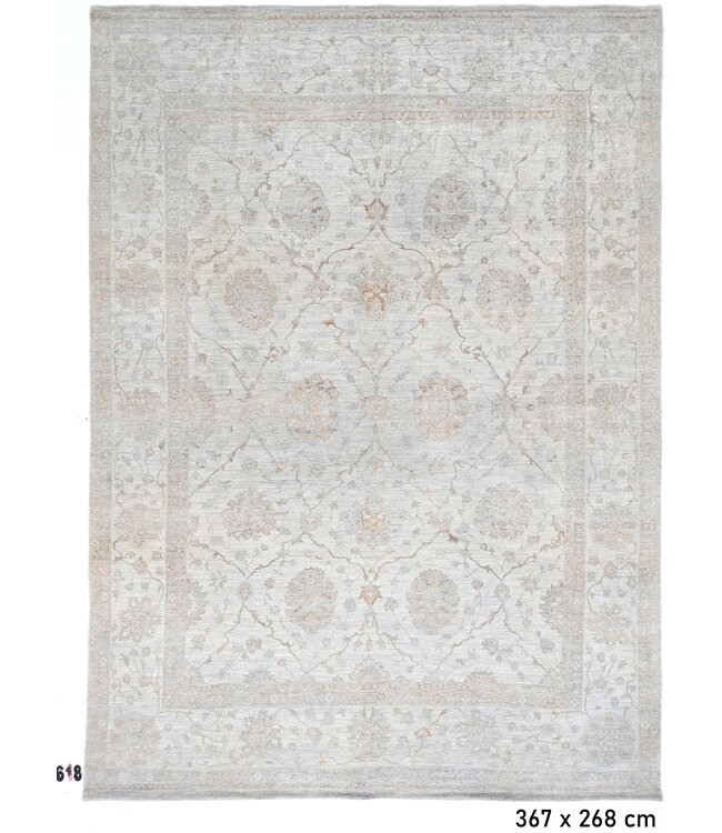 Vintage Handgeknoopt Tapijt - Ziegler Patroon - 367 x 268 cm - Grijs en Beige