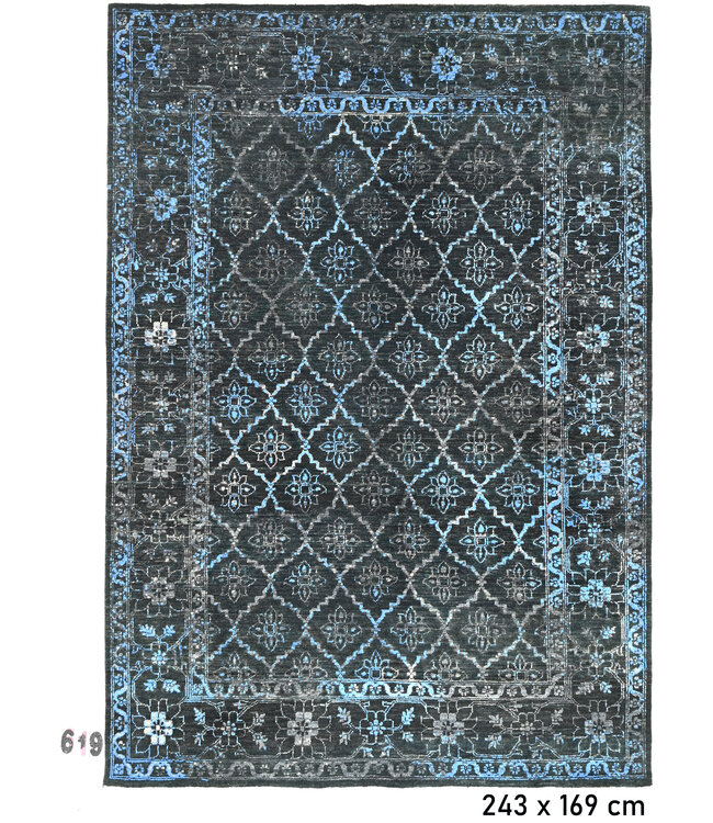 Modern Handgeknüpfter Teppich - Kazak Muster - 243 x 169 cm - Schwarz und Blau