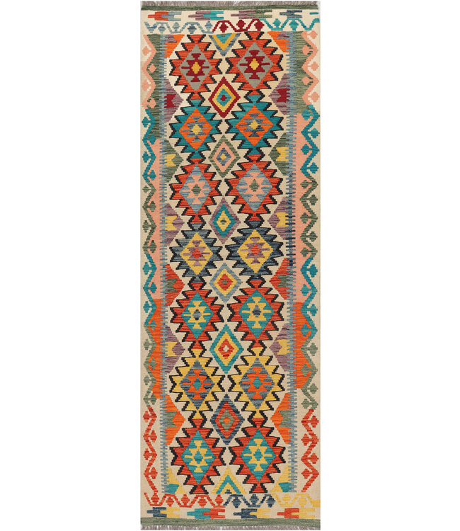 Handgeweven Afghaanse Kilim Loper – 244x83 cm – Kleurrijk Wol Vloerkleed – Tribaal Boho Design
