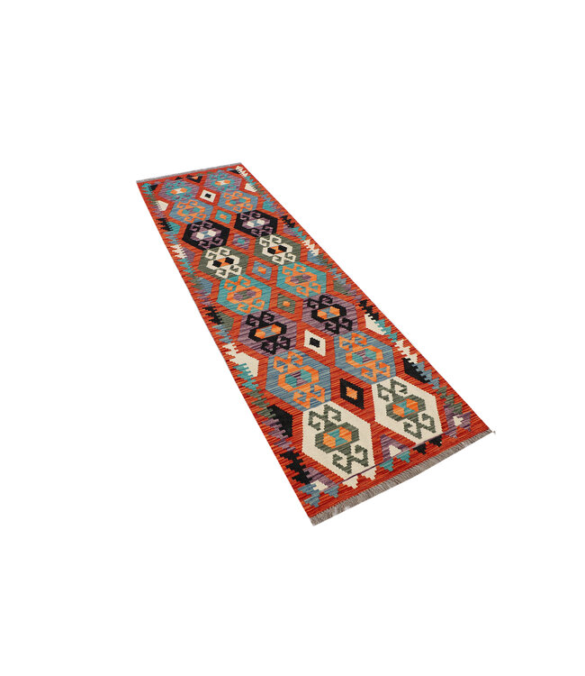Gedurfde Tribale Kilim Loper – 244x73 cm – Handgeweven Vintage Wolkleed met Abstracte Diamantmotieven