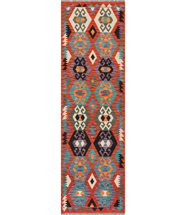 Kühner Afghanischer Kilim-Läufer – 244x73 cm – Handgewebter Vintage-Wollteppich mit Rautenmotiven