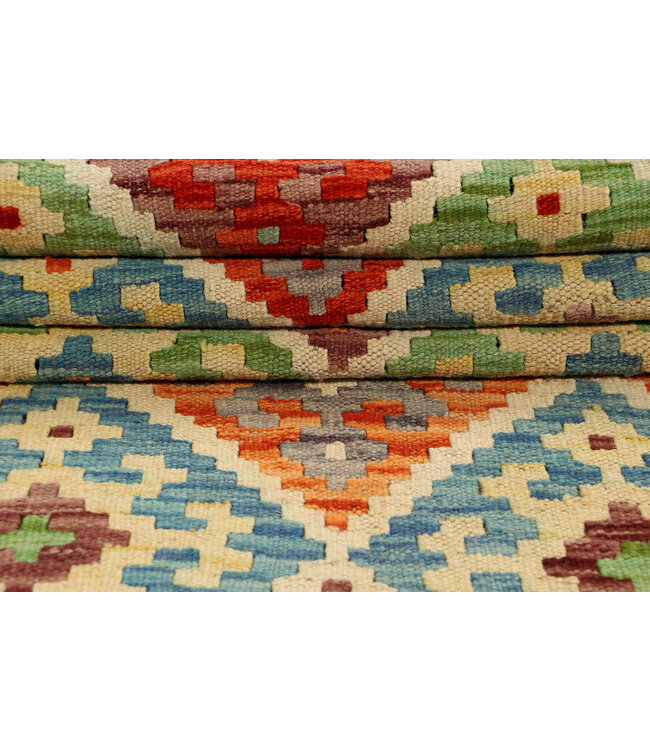 Traditional Afghan Kilim Rug – 229x82 cm – Handwoven Wool Runner with Earth-Tone Diamonds