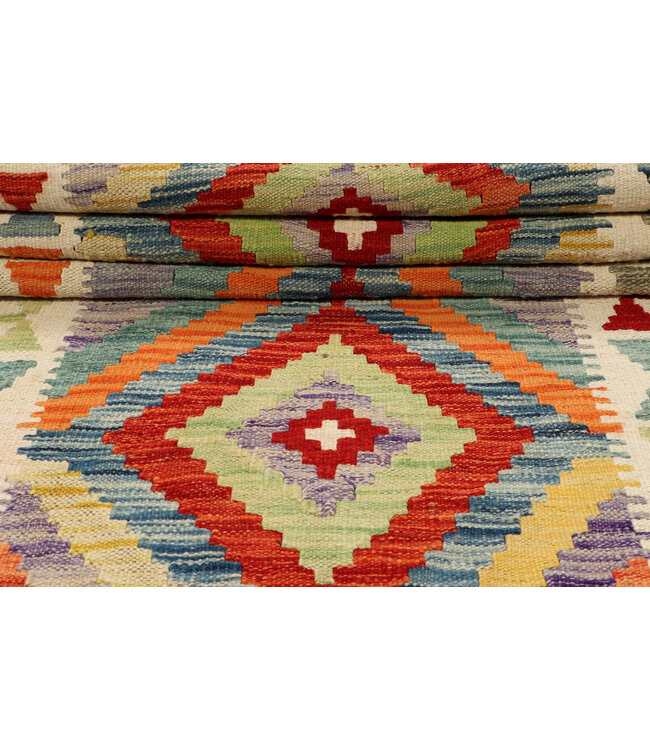 Handgewebter Afghanischer Kilim-Teppich – 246x88 cm – Bunter Tribal Woll-Läufer mit Diamantmuster
