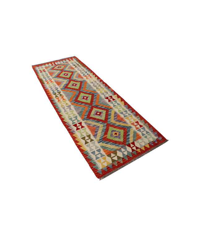 Handwoven Afghan Kilim Rug – 246x88 cm – Vibrant Tribal Diamond Pattern – Multicolor Wool Runner