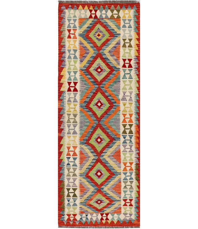 Handgeweven Afghaanse Kilim – 246x88 cm – Kleurrijk Wolkleed met Diamantmotief en Tribal Design
