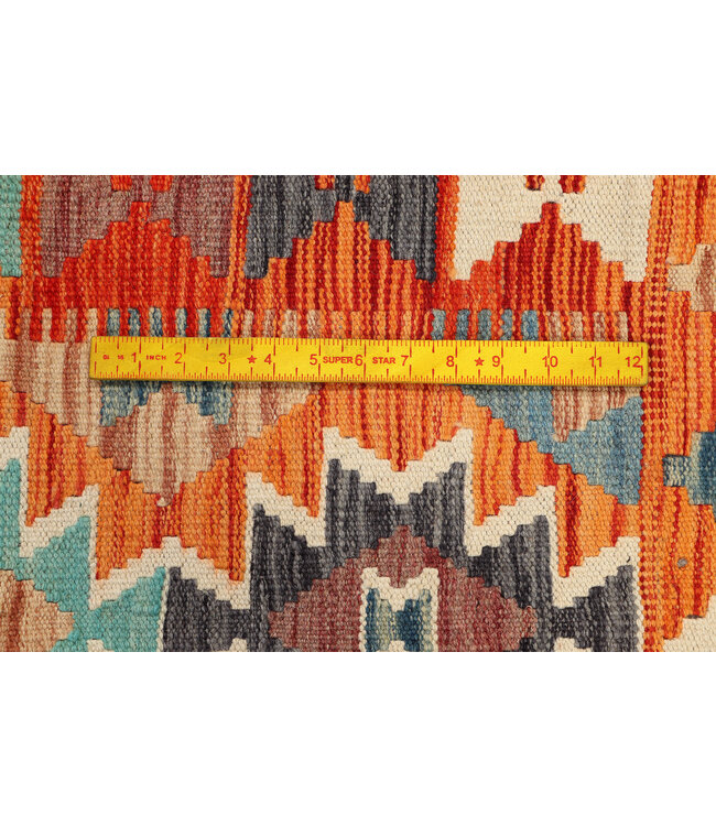 Handwoven Afghan Kilim Rug – 233x83 cm – Geometric Tribal Wool Runner – Bold Orange & Teal Design