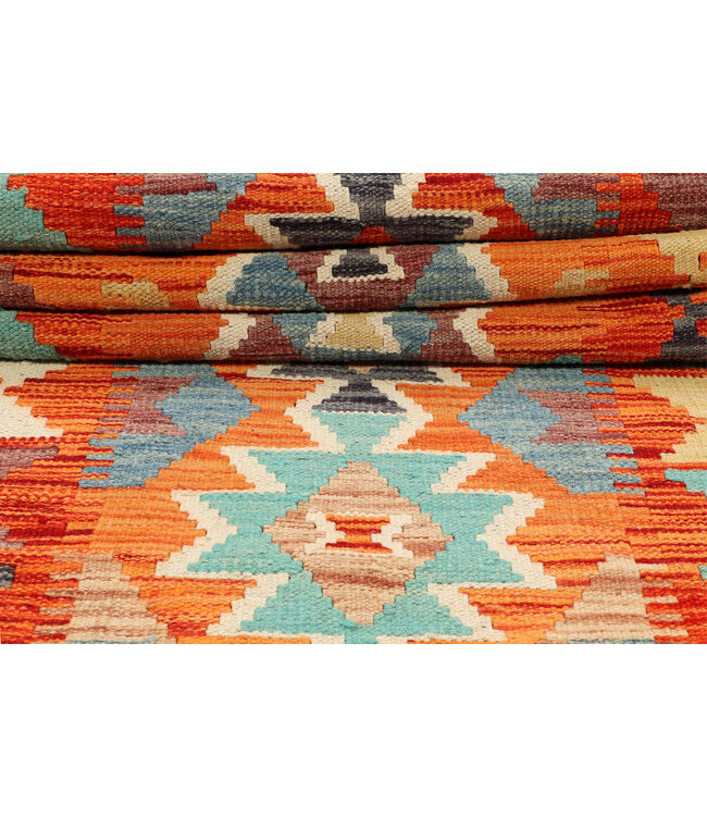 Handgeweven Afghaanse Kilim – 233x83 cm – Tribale Wol Loper – Oranje & Turquoise Geometrisch Design