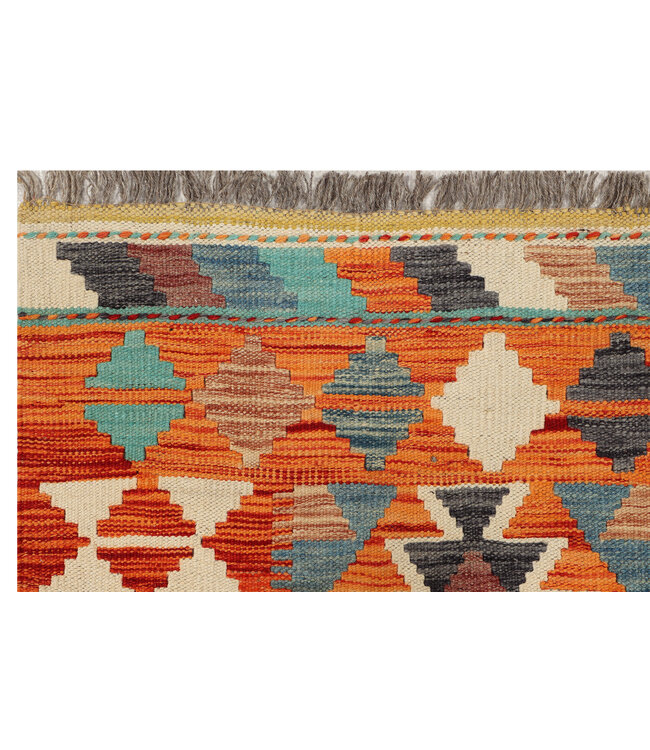 Handgewebter Afghanischer Kilim – 233x83 cm – Tribal Wollteppich mit Orange & Türkis Muster