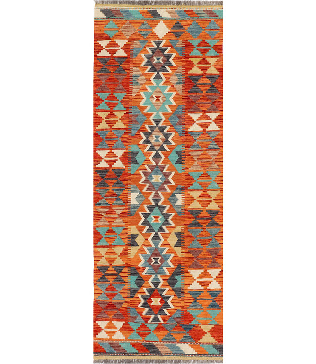 Handgewebter Afghanischer Kilim – 233x83 cm – Tribal Wollteppich mit Orange & Türkis Muster