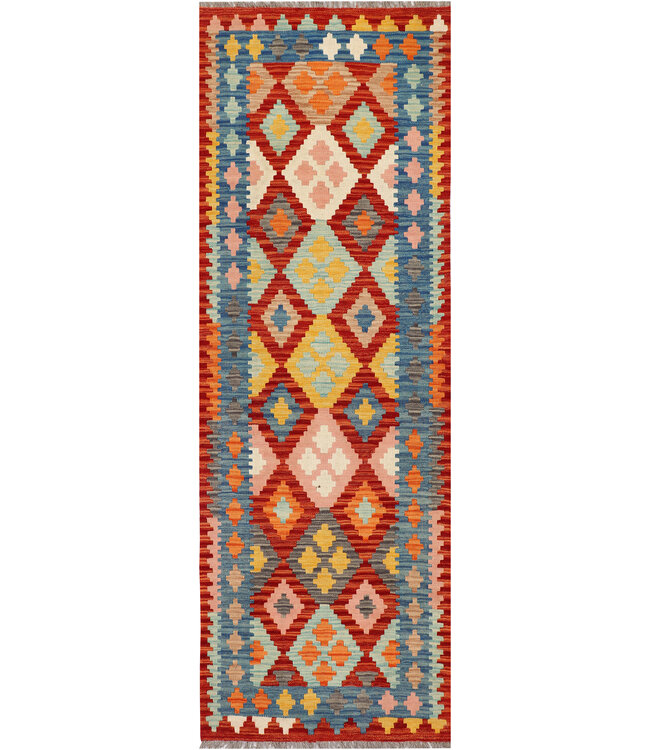 Vintage Afghan Kilim Rug – 250x84 cm – Handwoven Wool Runner with Pastel Diamond Pattern