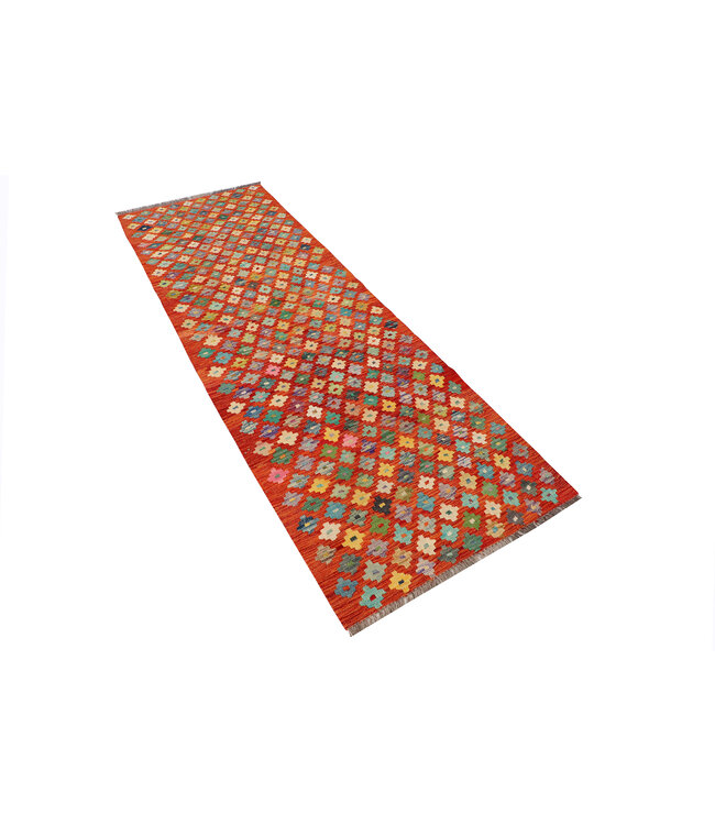 Handgeweven Afghaanse Kilim – 250x79 cm – Kleurrijk Mozaïekmotief – Wol Loper met Rode Achtergrond