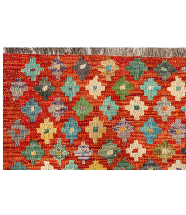 Handgewebter Afghanischer Kilim – 250x79 cm – Bunter Wollteppich mit Mosaik-Diamantmuster auf Rot