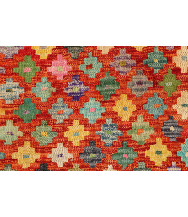 Handgewebter Afghanischer Kilim – 250x79 cm – Bunter Wollteppich mit Mosaik-Diamantmuster auf Rot