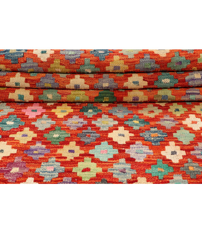 Handwoven Afghan Kilim Rug – 250x79 cm – Mosaic Diamond Pattern – Multicolor Wool Runner on Red Base