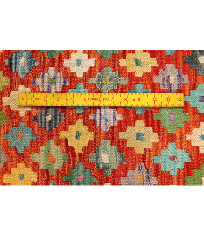 Handgewebter Afghanischer Kilim – 250x79 cm – Bunter Wollteppich mit Mosaik-Diamantmuster auf Rot