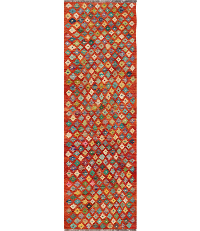 Handgeweven Afghaanse Kilim – 250x79 cm – Kleurrijk Mozaïekmotief – Wol Loper met Rode Achtergrond