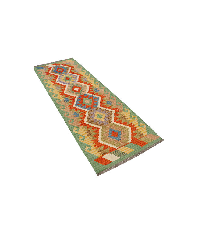 Afghanischer Kilim-Teppich – 240x79 cm – Handgewebter Woll-Läufer mit Medaillon-Diamantmuster in Naturtönen