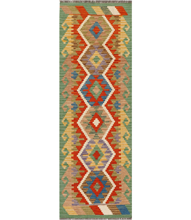 Handwoven Afghan Kilim Rug – 240x79 cm – Earth-Tone Tribal Wool Runner – Diamond Medallion Design