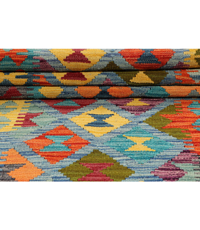 Handwoven Afghan Kilim Rug – 238x80 cm – Hourglass Motif Wool Runner – Vibrant Tribal Colors with Black Border