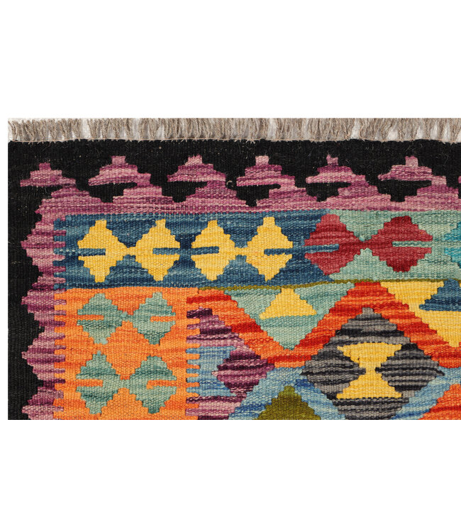 Handgeweven Afghaanse Kilim – 238x80 cm – Wol Loper met Zandloper Motief en Zwarte Rand