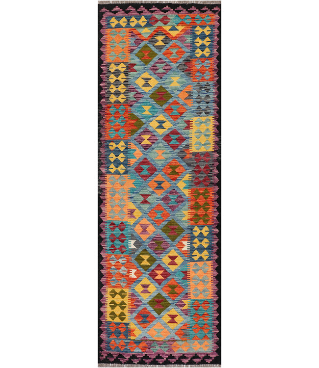 Handgewebter Afghanischer Kilim – 238x80 cm – Woll-Läufer mit Sanduhrmuster und Schwarzem Rand