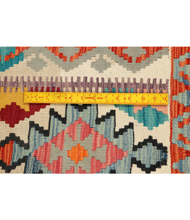 Handwoven Afghan Kilim Rug – 241x79 cm – Geometric Wool Runner – Bright Tribal Motifs on Cream Base