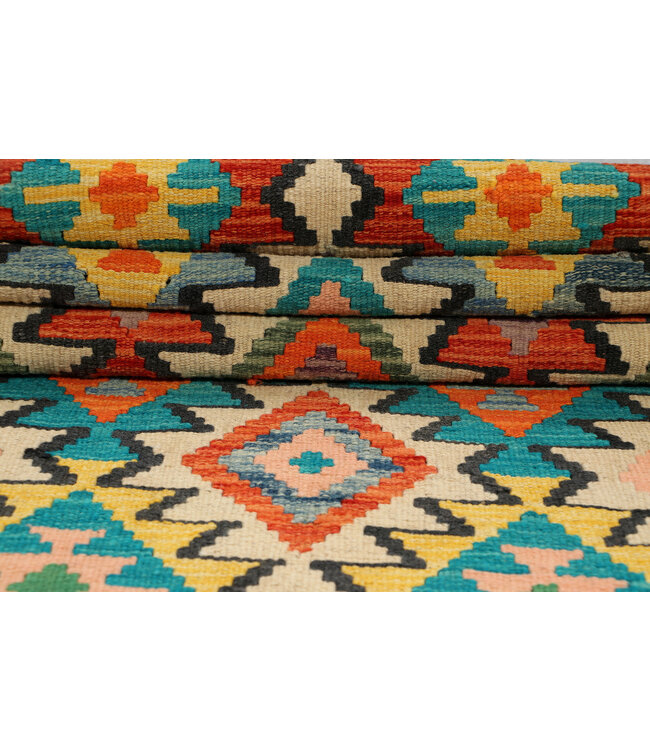 Handgeweven Afghaanse Kilim – 241x79 cm – Geometrische Wol Loper – Tribal Design op Crème Achtergrond