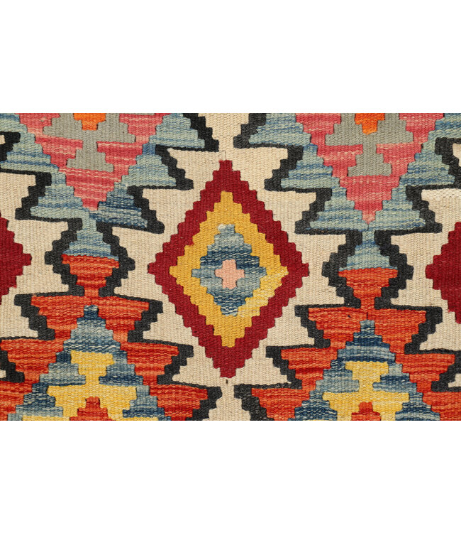 Handwoven Afghan Kilim Rug – 241x79 cm – Geometric Wool Runner – Bright Tribal Motifs on Cream Base