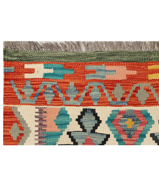 Handgewebter Afghanischer Kilim – 241x79 cm – Geometrischer Woll-Läufer – Tribal Muster auf Cremegrund