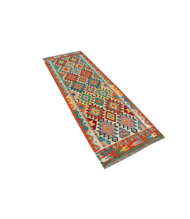 Handwoven Afghan Kilim Rug – 241x79 cm – Geometric Wool Runner – Bright Tribal Motifs on Cream Base