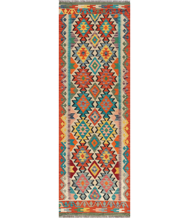 Handwoven Afghan Kilim Rug – 241x79 cm – Geometric Wool Runner – Bright Tribal Motifs on Cream Base