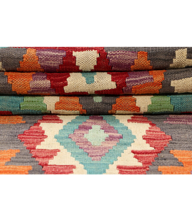 Handwoven Afghan Kilim Rug – 241x80 cm – Large Diamond Medallion Wool Runner – Bold Tribal Colors