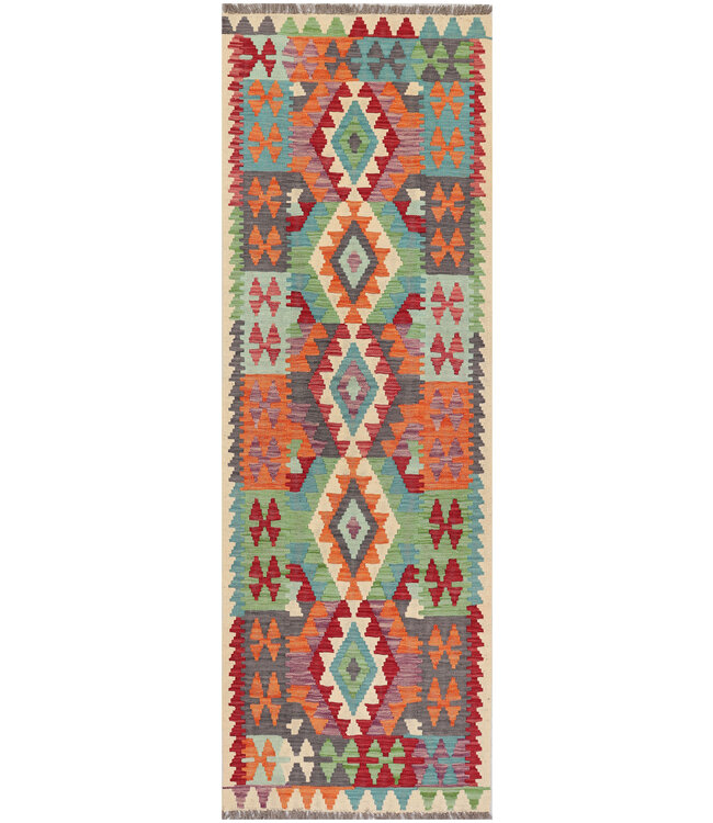 Handwoven Afghan Kilim Rug – 241x80 cm – Large Diamond Medallion Wool Runner – Bold Tribal Colors