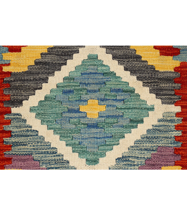 Afghanischer Kilim – 239x74 cm – Handgewebter Wollteppich mit Rautenmuster und Schwarzem Rand
