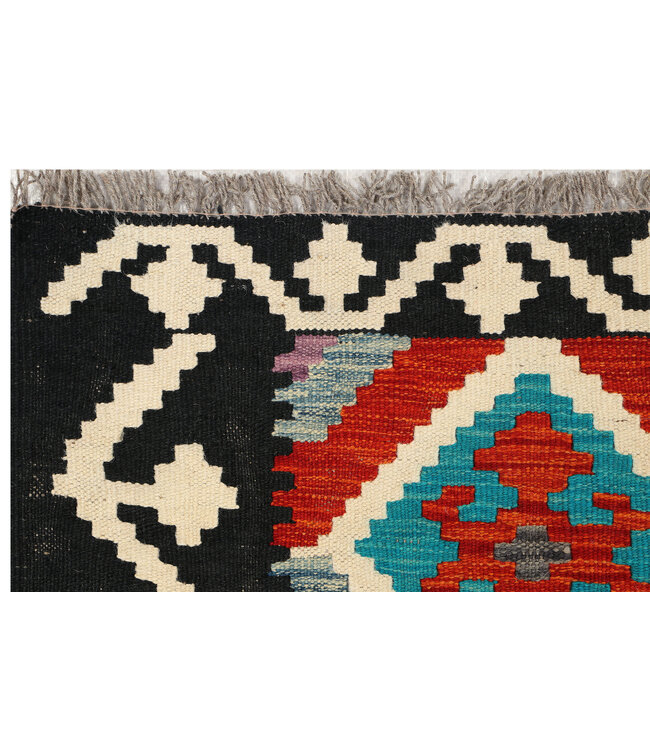 Afghanischer Kilim – 239x74 cm – Handgewebter Wollteppich mit Rautenmuster und Schwarzem Rand