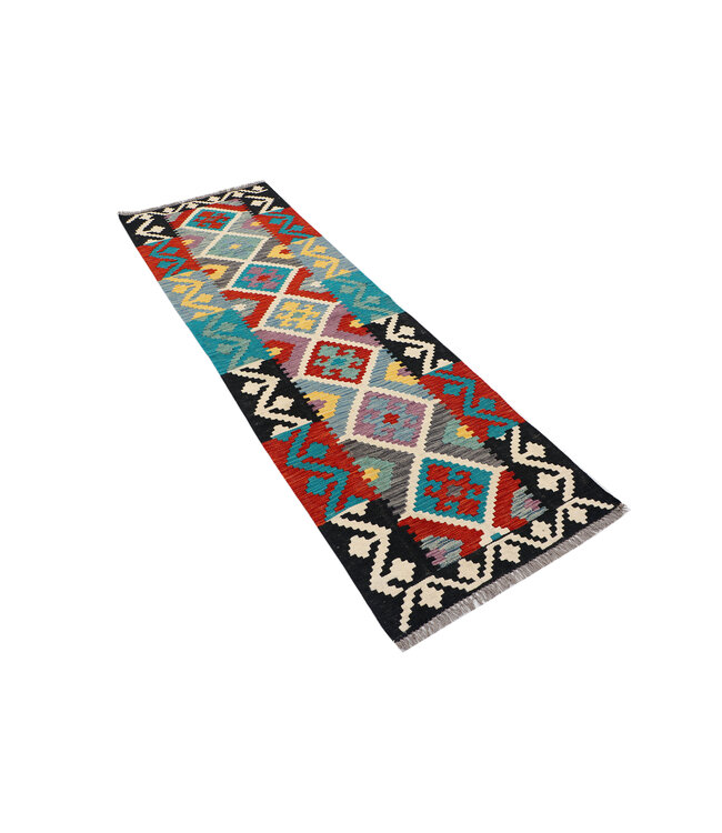 Afghanischer Kilim – 239x74 cm – Handgewebter Wollteppich mit Rautenmuster und Schwarzem Rand