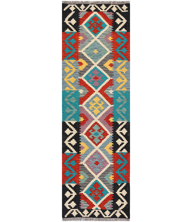 Afghan Kilim Rug – 239x74 cm – Handwoven Wool Runner with Central Diamond Pattern & Black Tribal Border