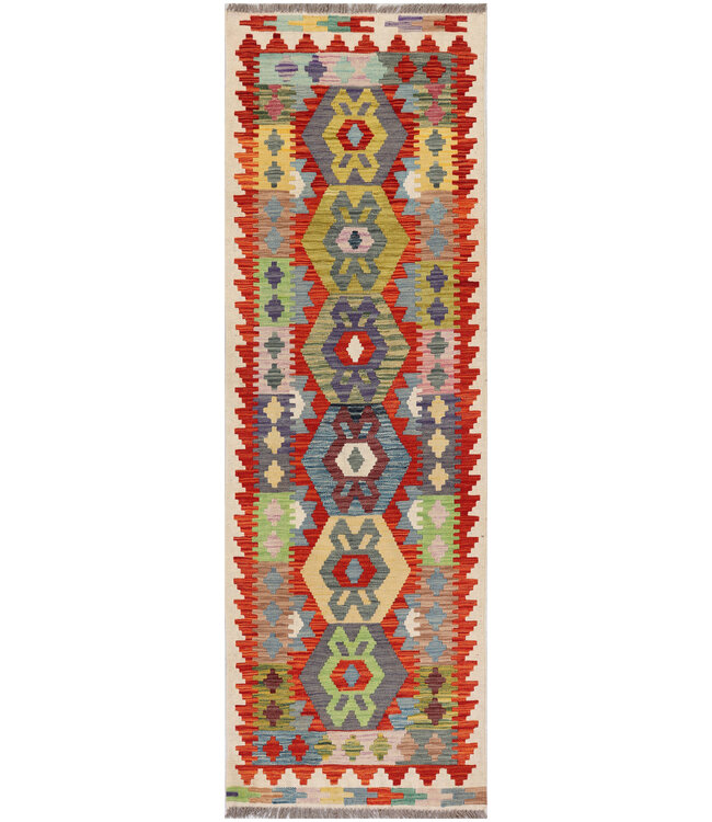 Afghanischer Kilim – 239x77 cm – Handgewebter Wollteppich mit Medaillon-Muster und Bunter Bordüre